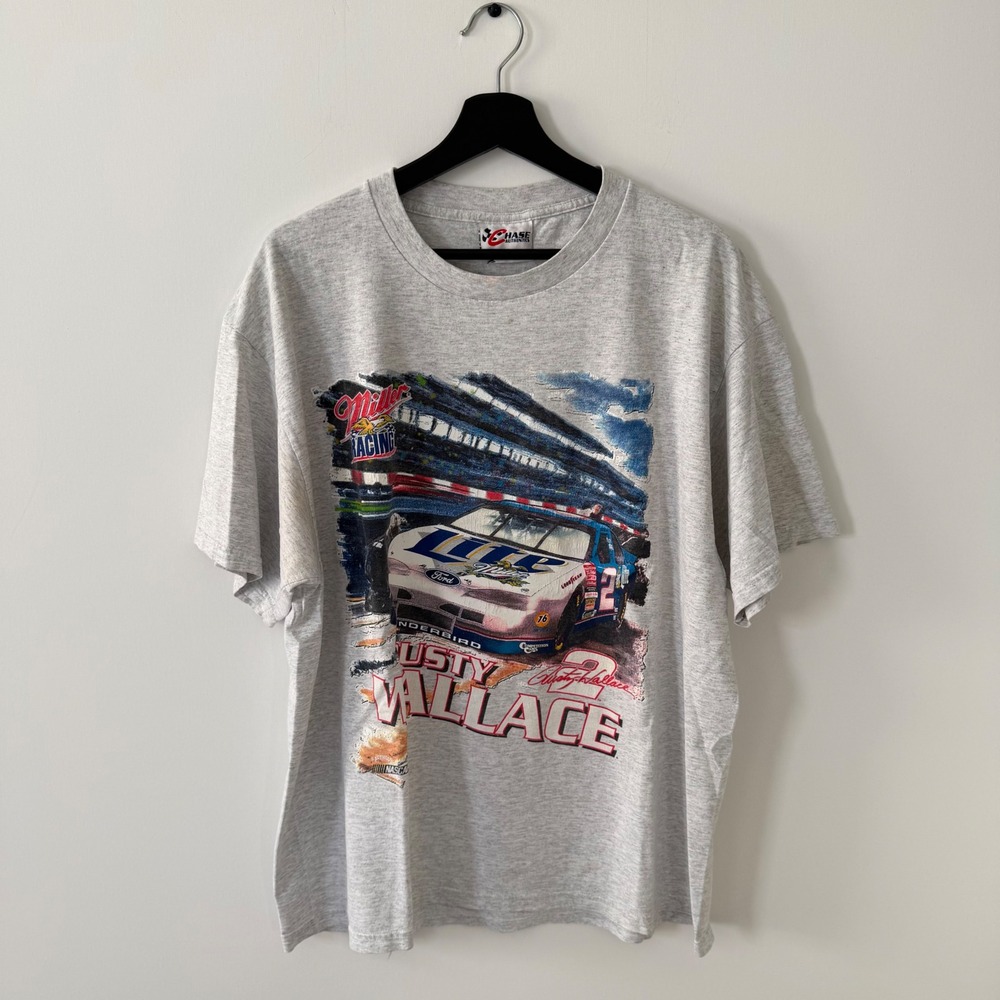 Vintage Chase Authentics Rusty Wallace Miller Lite Racing T-Shirt XL Gray USA